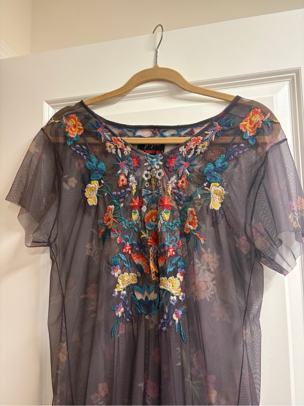 Johnny Was Black Sheer Midi Dress with Multicolor Floral Embroidery - Picture 2 of 4